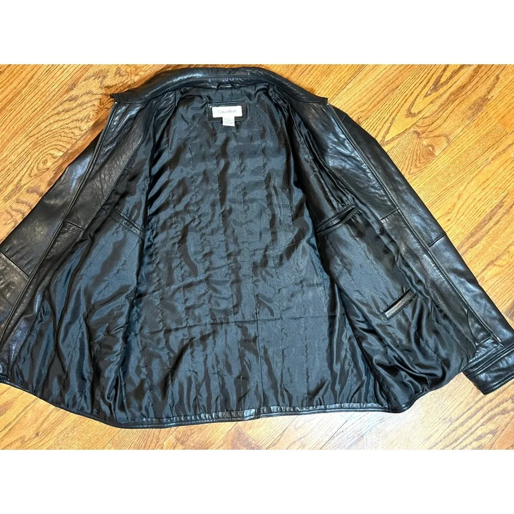 Calvin Klein Mens Black Leather Full‎ Zip Jacket Size Large Point Collar